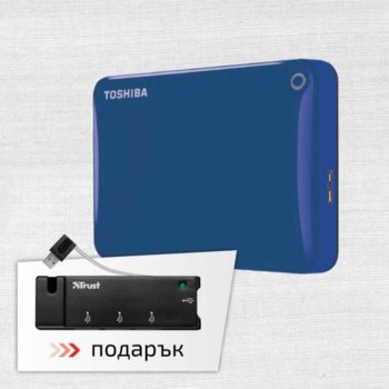 Твърд диск 1TB Toshiba Canvio Connect II (син) + подарък USB мини хъб TRUST Barra, 4 Port USB, външен, 2.5" (6.35 cm), USB3.0 | JAR Computers 1TB Toshiba Canvio Connect II Blue + Trust Barra