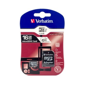 Карта памет 16GB microSDHC с адаптер, Verbatim, Class 10 UHS-I, скорост на четене 10MB/s, скорост на запис 10MB/s | JAR Computers Verbatim 16GB microSDHC