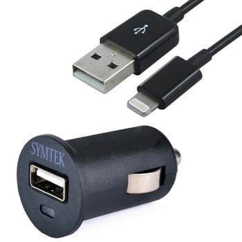 Зарядно за кола Symtek USB Car Charge & Sync, от автомобилна запалка към USB-A(ж), 2.1A, USB-A към Lightning кабел, черно image