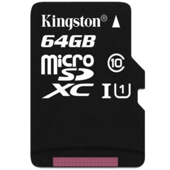 Карта памет 64GB microSDHC Kingston, UHS-I, скорост на четене 80МB/s, скорост на запис 10MB/s | JAR Computers Kingston SDCE/64GB