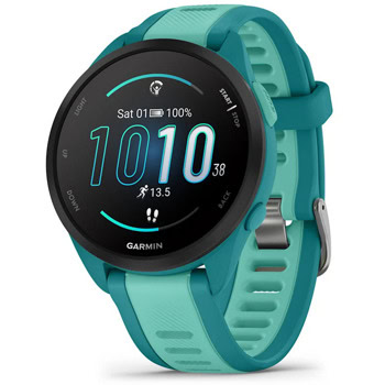 Смарт часовник Garmin Forerunner 165 Music (Turquoise/Aqua), 1.2" (3.04cm) AMOLED дисплей, Bluetooth, ANT+, Wi-Fi, GPS, 4GB Flash памет, пулсомер, измерване на SpO2, контролиране музиката на смартфона, 5ATM, до 11 дни време на работа, син | JAR Computers Garmin Forerunner 165 Music Turquoise/Aqua