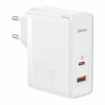 Зарядно устройство Baseus GaN 5 Pro Charger 100W, от контакт към 1x USB (ж)/1x USB-C (ж), 20V/5A, бяло, PD 3.0, QC 4.0 | JAR Computers Baseus GaN 5 Pro Charger White CCGP090202