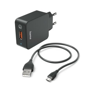 Зарядно устройство Hama 201621, от контакт към USB-A(ж), 19.5W, черно, QC 3.0, кабел от USB-A(м) към USB Micro B(м) | JAR Computers Зарядно устройство Hama 201621