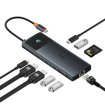 Докинг станция Baseus Metal Gleam Series II 10-in-1 Hub (B00061800123-00), от USB C към 1x USB-C (PD), 1x USB-C, 3x USB A, 2x HDMI, 1x DisplayPort, 1x RJ45, 1x SD/MicroSD четец на карти, черна | JAR Computers Baseus Metal Gleam Series II 10-in-1 Hub