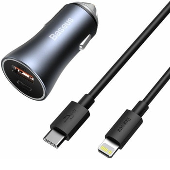 Зарядно за кола Baseus Golden Contactor Pro, от автомобилна запалка към USB C(ж)/USB A(ж), включен USB C(м) към Lightning(м) кабел, черно | JAR Computers Baseus Golden Contactor Pro TZCCJD-B0G