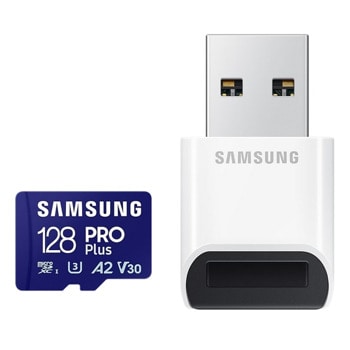 Карта памет 128GB microSDXC с четец, Samsung Pro Plus (MB-MD128SB/WW), Class 10 U3, скорост на четене до 180MB/s, скорост на запис до 130MB/s | JAR Computers microSD 128GB Samsung MB-MD128SB/WW