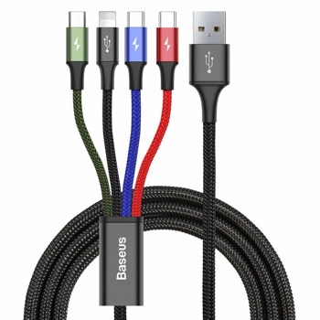 Кабел Baseus Rapid Series CA1T4-B01, от USB A(м) към Lightning(м)/2x USB C(м)/microUSB(м), 1.2m, черен | JAR Computers Baseus CA1T4-B01