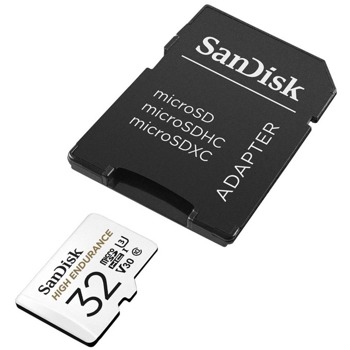 Карта памет 32GB microSDHC с адаптер, SanDisk High Endurance, Class 10, U3, V30, скорост на четене 100MB/s, скорост на запис 40MB/s image