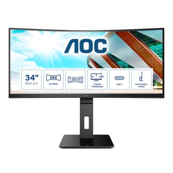 Монитор AOC CU34P2C, 34" (86.36 cm) Curved VA панел, 100Hz, WQHD, 1ms, 50 000 000 :1, 300 cd/m2, DisplayPort, HDMI, USB-C, USB | JAR Computers AOC CU34P2C