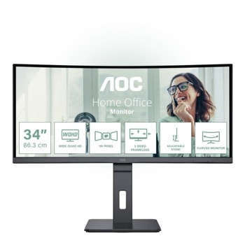Монитор AOC CU34P3CV, 34" (86.36 cm) VA панел, 100Hz, WQHD, 4ms, 20M:1, 300 cd/m2, DisplayPort, HDMI, USB Hub, LAN | JAR Computers AOC CU34P3CV