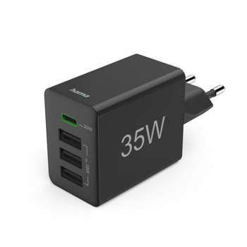 Зарядно устройство Hama 201990, от контакт към 1x USB C(ж)/3x USB A(ж), черно, 35W, QC 3.0 | JAR Computers HAMA 201990