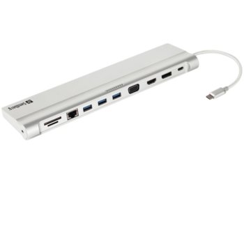 Докинг станция Sandberg 136-23, от USB C към 1x USB C(PD), 3x USB A, 1x DisplayPort, 1x HDMI, 1x VGA, 1x RJ45, 1x SD/MicroSD четец, 1x AUX, бяла | JAR Computers Docking Station Sandberg 136-23 USB C