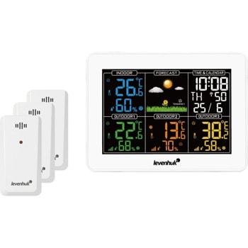 Електронна метеостанция Levenhuk Wezzer Plus LP60, включен 3 бр. външни датчика, цветен екран, часовник, календар, будилник, термометър, влагомер, бяла image