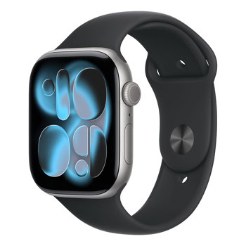 Смарт часовник Apple Watch Series 11 GPS, 46mm, 1.96" (4.98cm) LTPO3 OLED дисплей, Wi-Fi, Bluetooth, GPS, 64GB Flash памет, акселерометър, жироскоп, пулсомер, барометър, компас, IP6X, Space Grey Aluminium с Black Sport - M/L каишка | JAR Computers Apple Watch Series 11 GPS 46mm MEV44MP/A