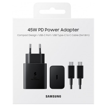 Зарядно устройство Samsung Power Adapter (EP-T4510XBEGEU), от контакт към USB-C (ж), 45W, черно | JAR Computers Samsung Power Adapter 45W USB-C