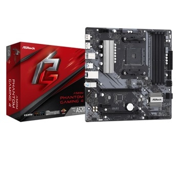 Дънна платка ASRock A520M Phantom Gaming 4, A520, AM4, DDR4, PCI-E 3.0 (DP/HDMI), 4x SATA 6Gb/s, 2x M.2, 4x USB 3.2 Gen 1, Micro ATX | JAR Computers ASRock A520M Phantom Gaming 4 2Y