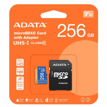 Карта памет 256GB microSDHC с адаптер, A-Data Premier V10 AUSDX256GUICL10A1-RA1, Class 10 UHS-I, скорост на четене до 100MB/s, скорост на запис до 25MB/s | JAR Computers Adata 256GB microSDXC Premier UHS-I Class10