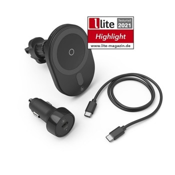 Безжично зарядно устройство Hama MagCharge Car FC15 (187268), от автомобилна запалка към безжично зареждане, 5/9/12V 3/2.22/1.67A, 15W, магнитно, за кола, черен | JAR Computers Безжично зарядно Hama MagCharge Car FC15 187268