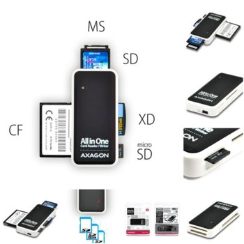 Четец за карти AXAGON CRE-X1, USB 2.0/USB 1.1, SD/SDHC/SDXC/MMC/MMC mobile/RS-MMC/miniSD/miniSDHC/MMC/Micro adapter, черен/бял | JAR Computers AXAGON CRE-X1