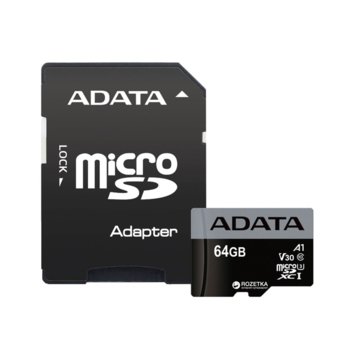 Карта памет 64GB microSDXC с адаптер, A-Data Premier Pro, Class 10 UHS-I, скорост на четене 100MB/s, скорост на запис 60MB/s image