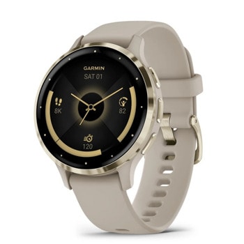 Смарт часовник Garmin Venu 3S, 1.2" (3.04cm) AMOLED дисплей, до 10 дни време на работа, 5ATM, Bluetooth, ANT+, Wi-Fi, GPS, пулсомер, следене на съня, силиконова каишка, златист безел със сив корпус | JAR Computers Garmin Venu 3S Soft Gold with French Grey Silicone
