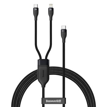 Кабел Baseus Flash Series 2-in-1 100W (CA1T2-F01), от USB C(м) към USB C(м) и Lightning(м), 1.2m, черен | JAR Computers Baseus CA1T2-F01