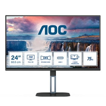 Монитор AOC 24V5CE/BK, 23.8" (60.45 cm) IPS панел, 75Hz, Full HD, 1ms, 20 000 000:1, 300 cd/m2, HDMI, USB Hub | JAR Computers AOC 24V5CE/BK