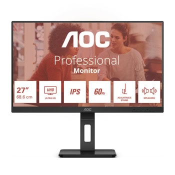 Монитор AOC U27E3UF, 27" (68.58cm) IPS панел, 4К/UHD, 4ms, 1000:1, 350cd/m2, DisplayPort, HDMI, USB | JAR Computers AOC U27E3UF