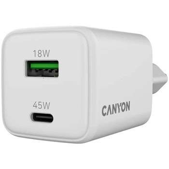 Зарядно устройство Canyon CU45AC, от контакт към 1x USB-C(ж), 1x USB-A(ж), 20V/3A, бяло, 45W | JAR Computers Canyon CU45AC CNS-CUW45AC