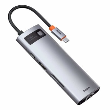 USB Хъб Baseus Metal Gleam Series 8-in-1 (CAHUB-CV0G), 8 порта, 1x USB-C(м), 3x USB-А(ж), 1x HDMI(ж), 1x USB-C(ж), 1x SD Card Reader(ж), 1x LAN(ж), сребрист image