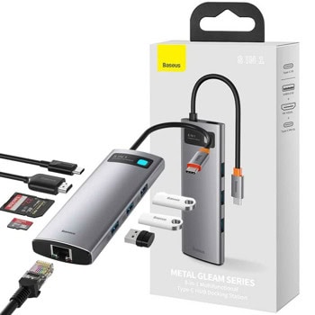 Докинг станция Baseus Metal Gleam Series 8-in-1 (CAHUB-CV0G), от USB C към 1x USB C(PD), 3x USB A, 1x HDMI, 1x RJ45, 1x четец на карти, сребриста | JAR Computers Baseus Metal Gleam Series 8-in-1 CAHUB-CV0G