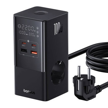 Зарядно устройство Baseus PowerCombo Power Strip (E00023609113-00), от контакт към 1x Schuko/2x USB C(ж)/2x USB A(ж), 100W, черно | JAR Computers Baseus PowerCombo Power Strip 100W