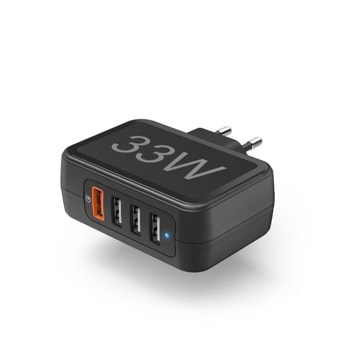 Мрежово зарядно устройство HAMA 210537 - от контакт към 4xUSB (1x QC3.0, 3x USB-A), 2A, 18W, черно | JAR Computers Hama 210537