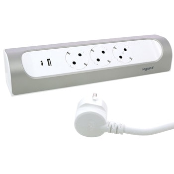 Разклонител Legrand 6 945 02, 3 гнезда, 1x USB, 1x USB C, IP20, IK04 устойчивост на удар, 1 m, за ъглов монтаж, алуминий, бял | JAR Computers Разклонител Legrand 694502