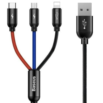Кабел Baseus Rapid, от USB A(м) към USB Type C(м)/Lightning(м)/microUSB(м), 1.2m, черен | JAR Computers Baseus Rapid CAMLT-BSY01