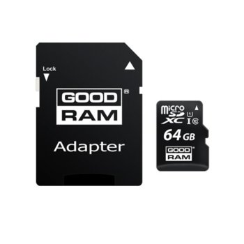 Карта памет 64GB microSDXC с адаптер Goodram M1AA, Class 10 UHS-I, скорост на четене 100 MB/s, скорост на запис от 10 MB/s | JAR Computers Goodram 64GB microSD M1AA-0640R12