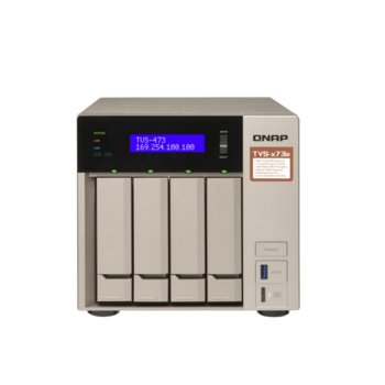 Мрежови диск (NAS) Qnap TVS-473e-4G, четириядрен AMD RX-421BD 2.1/3.4 GHz, 512MB DOM, 4x 3.5"/2.5" SATA 6Gb/s HDD/SSD, 2x M.2 2260/2280 SATA 6Gb/s SSDs, 4x 1000 LAN, 4x USB 3.0, 2x HDMI 1.4b, 2x 3.5 mm jacks | JAR Computers Qnap TVS-473e-4G