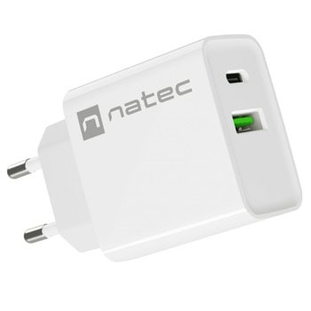 Зарядно устройство NATEC Ribera (NUC-2061), от контакт към 1x USB C(ж), 1x USB A(ж), 20W, бяло | JAR Computers NATEC Ribera NUC-2061