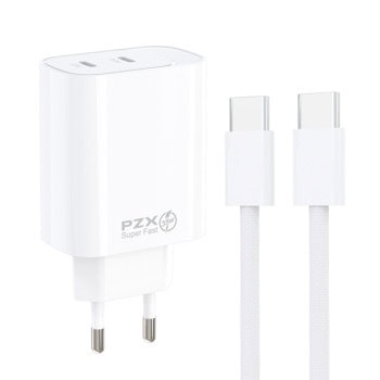 Зарядно устройство P56, от контакт към 2x USB-C(ж), 20V/1.75A, бяло, кабел от USB-C(м) към USB-C(м) | JAR Computers Зарядно устройство P56
