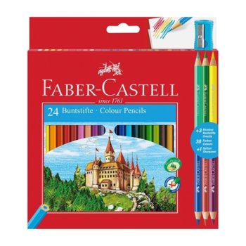 Цветни моливи Faber-Castel Замък, различни цветове, 24 бр. + 3 двуцветни молива, включена острилка | JAR Computers Цветен молив Faber-Castell Замък 24 + 6 острилка