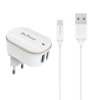 Зарядно устройство DeTech DE-15i, от контакт към 2x USB Type A(ж), 5V, 3.1A, бяло, с включен Lightning(м) кабел | JAR Computers delphi_40097