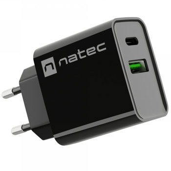 Зарядно устройство NATEC Ribera (NUC-2062), от контакт към 1x USB C(ж), 1x USB A(ж), 20W, черно | JAR Computers NATEC Ribera NUC-2062