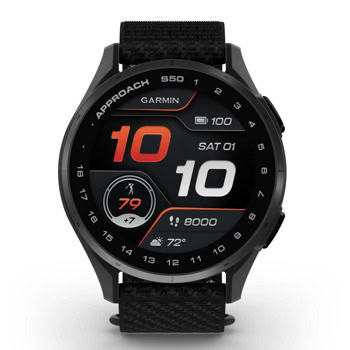 Смарт часовник Garmin Approach S50 Slate Aluminium Black, за голф, 1.2" (30.4mm) AMOLED дисплей, GPS, 4GB Flash памет, следене на съня, функции за голф, жироскоп, акселерометър, 5ATM, до 10 дни време на работа, Black ComfortFit Nylon каишка | JAR Computers Garmin Approach S50 Slate Aluminium Black 010-0301