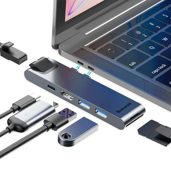 Докинг станция Baseus CAHUB-L0G, 1x USB C, 2x USB A, 1x HDMI, 1x RJ45, 1x MicroSD четец, за MacBook Pro, сива | JAR Computers Baseus CAHUB-L0G