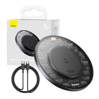 Безжично зарядно Baseus Simple 2 (CCJJ050001), от USB-C(ж) към безжично зареждане, 5V/2A, черно, 15W Qi | JAR Computers Baseus Simple 2 Wireless Charger 15W CCJJ050001