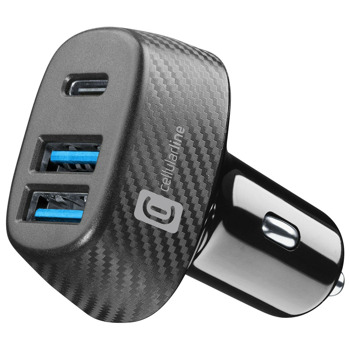 Зарядно за кола Cellularline Car Multipower Trio, от авт. запалка към 1x USB C(ж)/2x USB A(ж), 12V, 44W, черно | JAR Computers Cellularline Car Multipower Trio IT9367