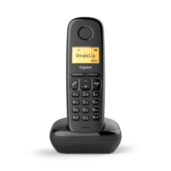 Безжичен телефон Gigaset A170 течнокристален триредов черно-бял дисплей, вътрешен/външен обхват 300/50м, до 18 часа време за разговори, черен image