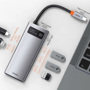 USB Хъб Baseus Metal Gleam Series 5-in-1, 3x USB 3.0, 1x USB C, 1x HDMI, сив image