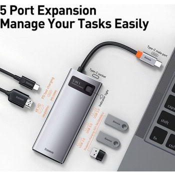 Докинг станция Baseus Metal Gleam Series 5-in-1, от USB C към 1x USB C / 3x USB A / 1x HDMI, сива | JAR Computers Baseus Metal Gleam Series CAHUB-CX0G