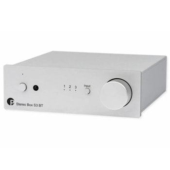 Усилвател Pro-Ject Audio Stereo Box S3 BT, 80W@4ohms (40W + 40W), Bluetooth, aptX HD, 24-bit/48kHz, 2x RCA Line входа, 2x 3.5mm Jack, 4mm Jack, сребрист | JAR Computers Усилвател Pro-Ject Stereo Box S3 Silver